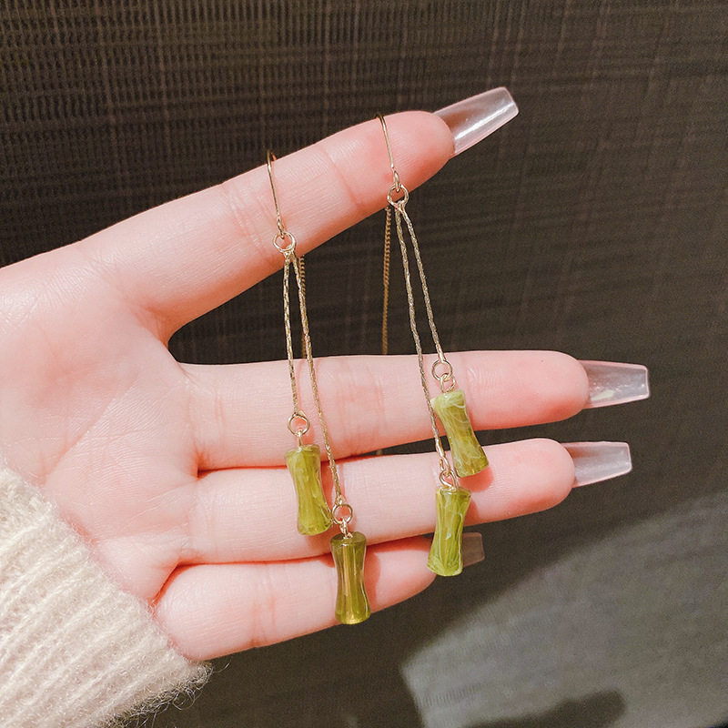 长款绿色竹节耳线耳环女流苏小众设计感网红百搭耳饰2023新款耳坠