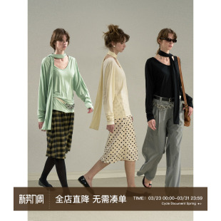 松弛B备慵懒多造型带围巾长袖 纸片人蝙蝠衫 T恤 Document Cycle