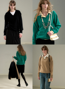 Cycle Document 高克重亲肤纯羊毛V领套头毛衣宽松落肩针织衫女