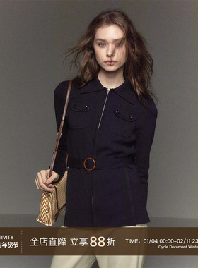 CycleDocument 羊毛&桑蚕丝混纺/复古修身收腰翻领拉链开衫外套女