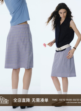 Cycle Document 腰头有可调节 紫色格纹直筒裙高腰短款半身裙女