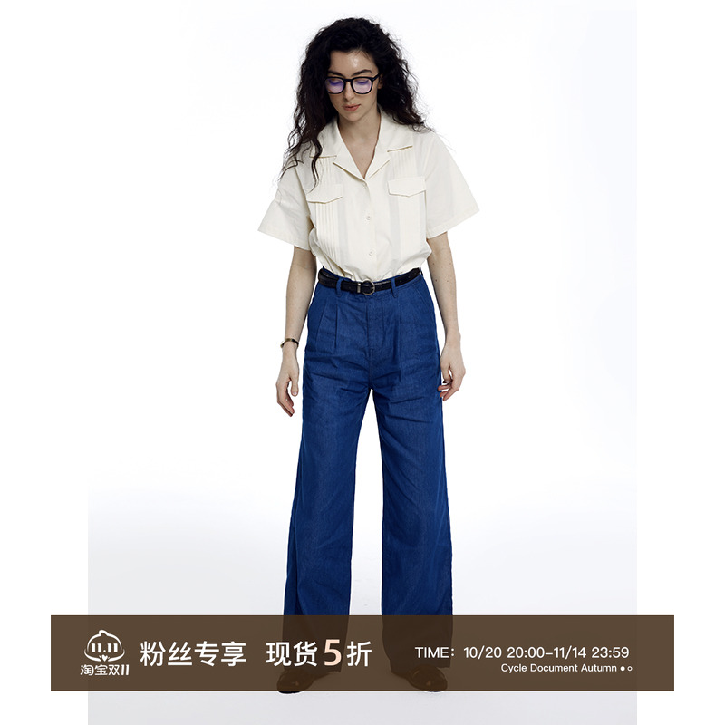 复古高腰直筒轻薄休闲牛仔裤