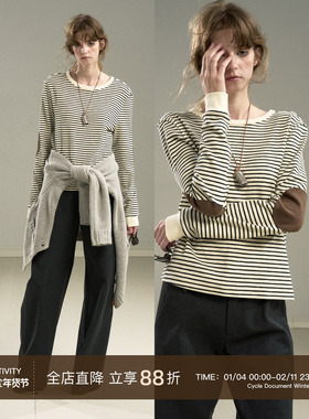 Cycle Document 经典正肩百搭黑白条纹长袖T恤女内搭补丁打底衫