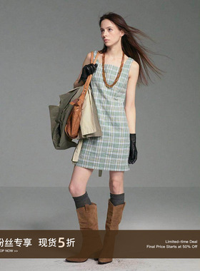 Cycle Document复古直筒绿色格纹吊带背心裙女中长款微收腰连衣裙
