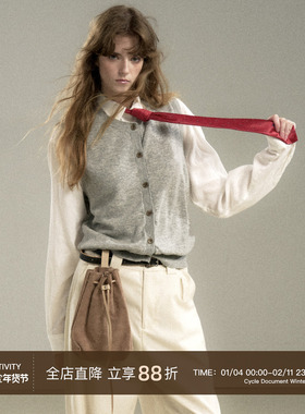 Cycle Document  羊毛复古简约小圆领灰色针织开衫马甲背心女春秋