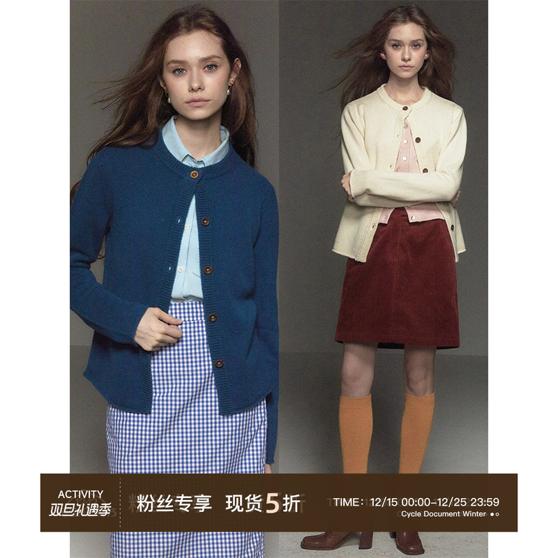 CycleDocument  100%澳洲进口羊毛/圆领卷边短款开衫针织毛衣女