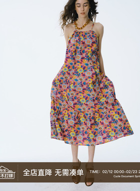 Cycle Document夏日繁花 沙滩度假吊带a字裙长款碎花挂脖连衣裙女