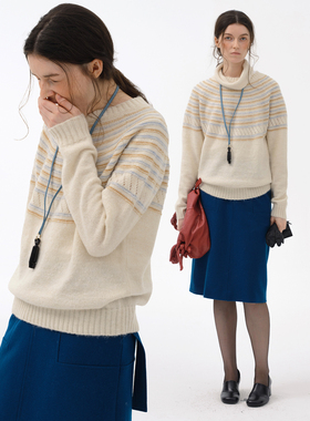 Cycle Document羊毛混纺复古文艺风圆领费尔岛条纹提花针织毛衣女