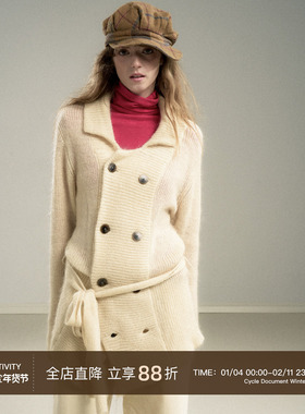 CycleDocument 马海毛开衫毛衣女复古翻领双排扣收腰系带针织外套