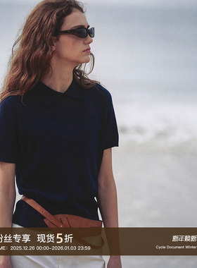 Cycle Document 100%美利奴羊毛  藏蓝色翻领针织短袖Polo衫T恤女