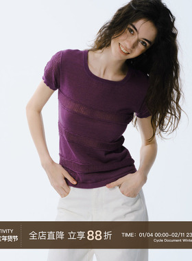 Cycle Document 复古轻薄镂空麻感针织短袖T恤女夏季修身圆领上衣