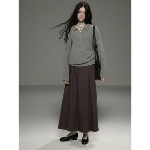 复古紫色高腰a字毛呢百褶半身裙女长款 循环档案 Document Cycle