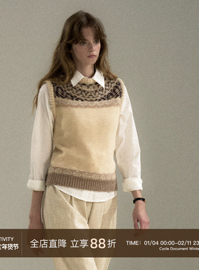 Cycle Document 美利奴羊毛费尔岛提花圆领撞色毛衣无袖背心马甲