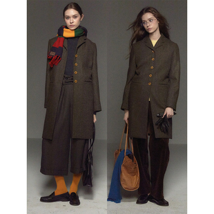CycleDocument 外套 复古高级感撞色正肩收腰羊毛呢大衣女中长款