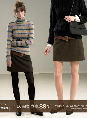CycleDocument 羊毛混纺/复古英伦风格纹毛呢半身裙女小A字短裙