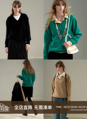 Cycle Document 高克重亲肤纯羊毛V领套头毛衣宽松落肩针织衫女