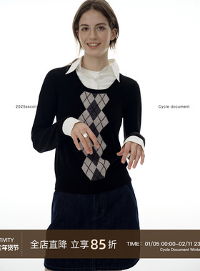 CycleDocument 复古费尔岛菱格纹假两件羊毛针织衫女修身叠穿毛衣