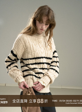 Cycle Document 肩部纽扣设计/复古撞色条纹纯羊毛粗纺麻花毛衣女