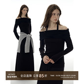 针织T恤女修身 CycleDocument 黑色高级感一字肩长袖 显瘦挂脖上衣