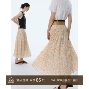 显瘦a字裙子中长款 Cycle 细褶皱 宽边腰头 小碎花半身裙 Document