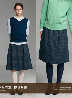 Cycle Document 复古高腰直筒格纹半身裙女知识分子风收褶A字摆裙