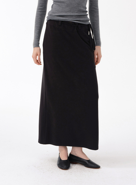 Cycle Document黑色松紧腰系带针织懒人裙女慵懒垂感直筒半身长裙