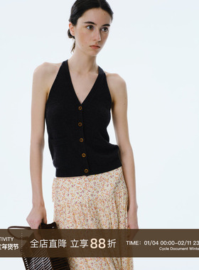 Cycle Document 纯羊毛V领修身挂脖吊带背心女可外穿显瘦针织上衣
