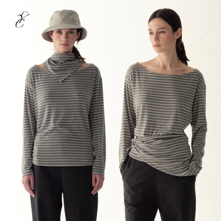 Cycle 两件套 复古慵懒感宽松弹力条纹斜肩长袖 T恤女 Document