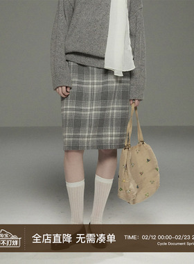 Cycle Document 循环档案  复古直筒设计感灰色格纹低腰半身裙女