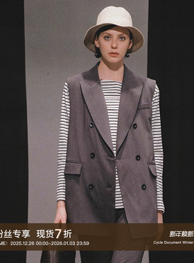 Cycle Document灰色翻领双排扣廓型西装马甲女宽松通勤OL休闲外套