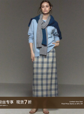 CycleDocument复古纯棉磨毛直筒格纹半身裙女高腰显瘦开叉A字长裙