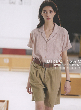 CycleDocument高密有机纯棉 夏季连肩卷边袖古巴领条纹短袖衬衫女