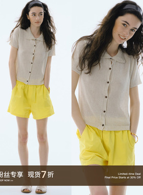 Cycle Document 天丝亚麻混纺/法式复古翻领显瘦短袖针织开衫女夏