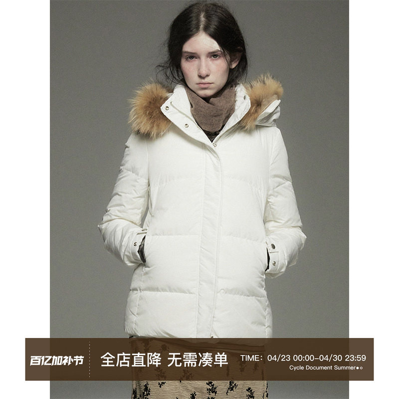 Cycle Document 90白鹅绒 白色修身貉子毛领短款加厚连帽羽绒服女