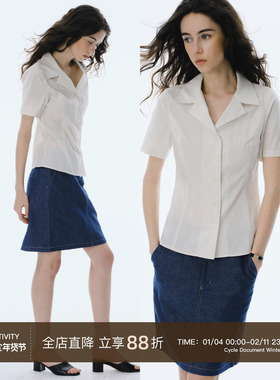 Cycle Document 智性风小格纹古巴领修身收腰显瘦短袖衬衫衬衣女