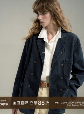 Cycle Document 复古风宽松弛多口袋牛仔外套女双排扣西装上衣