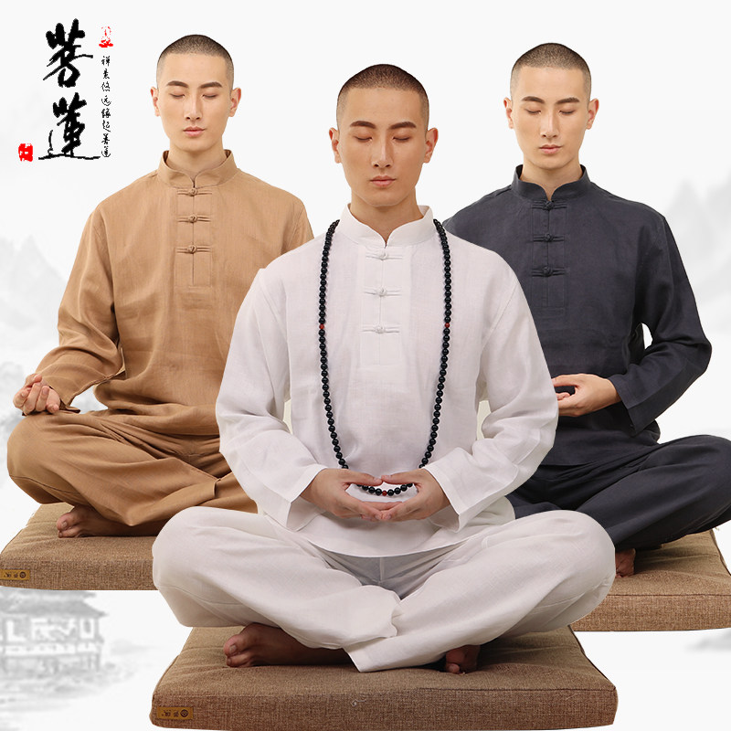 菩莲居士服男春秋季全亚麻棉麻厚款中国风唐装男打坐服套装禅修服_虎窝淘