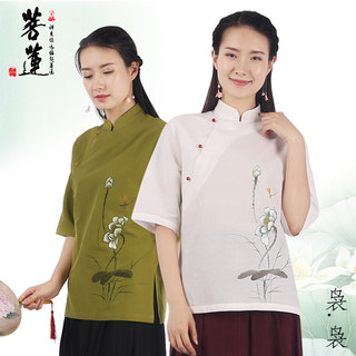 菩莲唐装女夏季居士服禅服茶人服中国风女装薄款棉麻透气短袖T恤