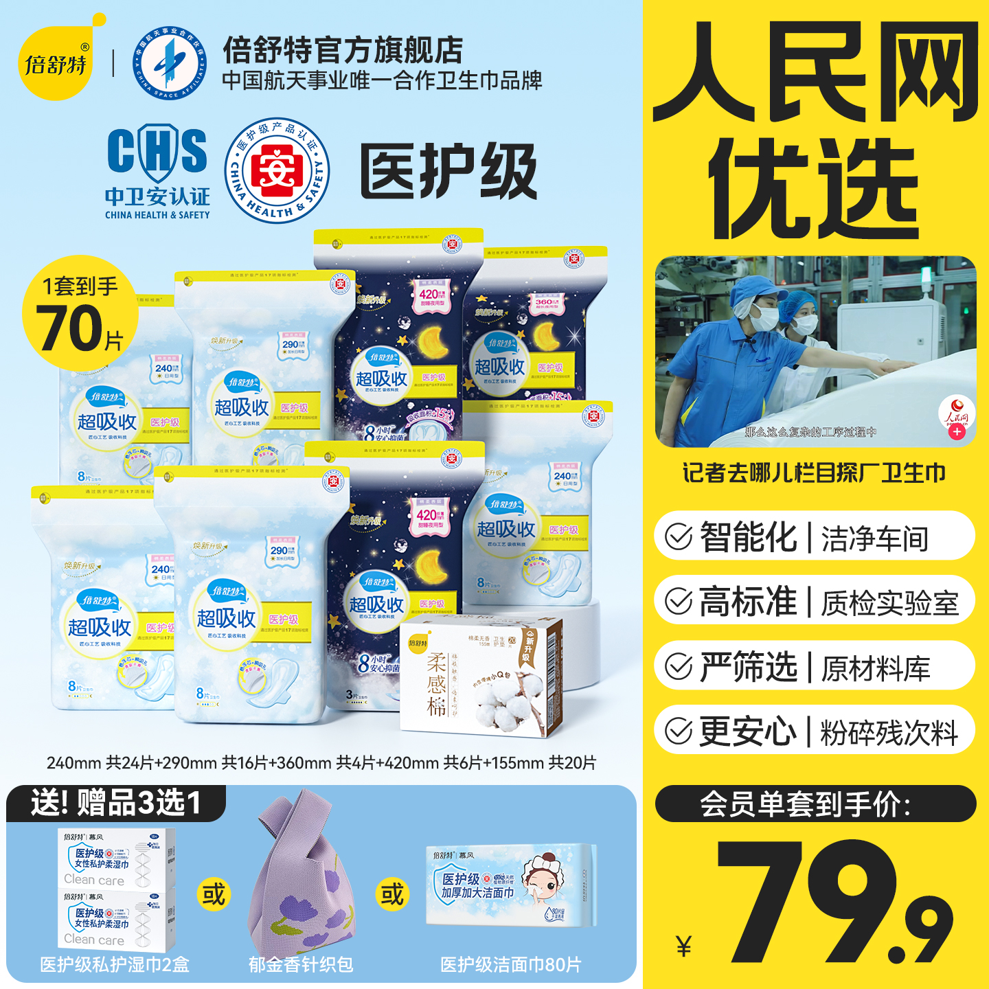 [人民网优选]倍舒特医护级卫生巾日用夜组合防漏抑菌安睡裤姨妈巾