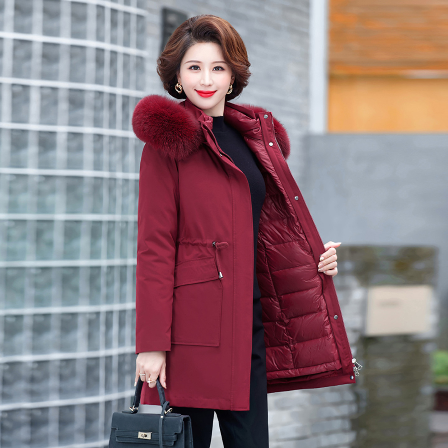圣羽博雅中老年妈妈装中长款活里活面脱卸派克羽绒服女加厚新款