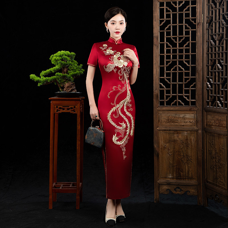 醋酸旗袍长款高端礼服体面金线绣凤气质优雅婚礼妈妈旗袍中式复古