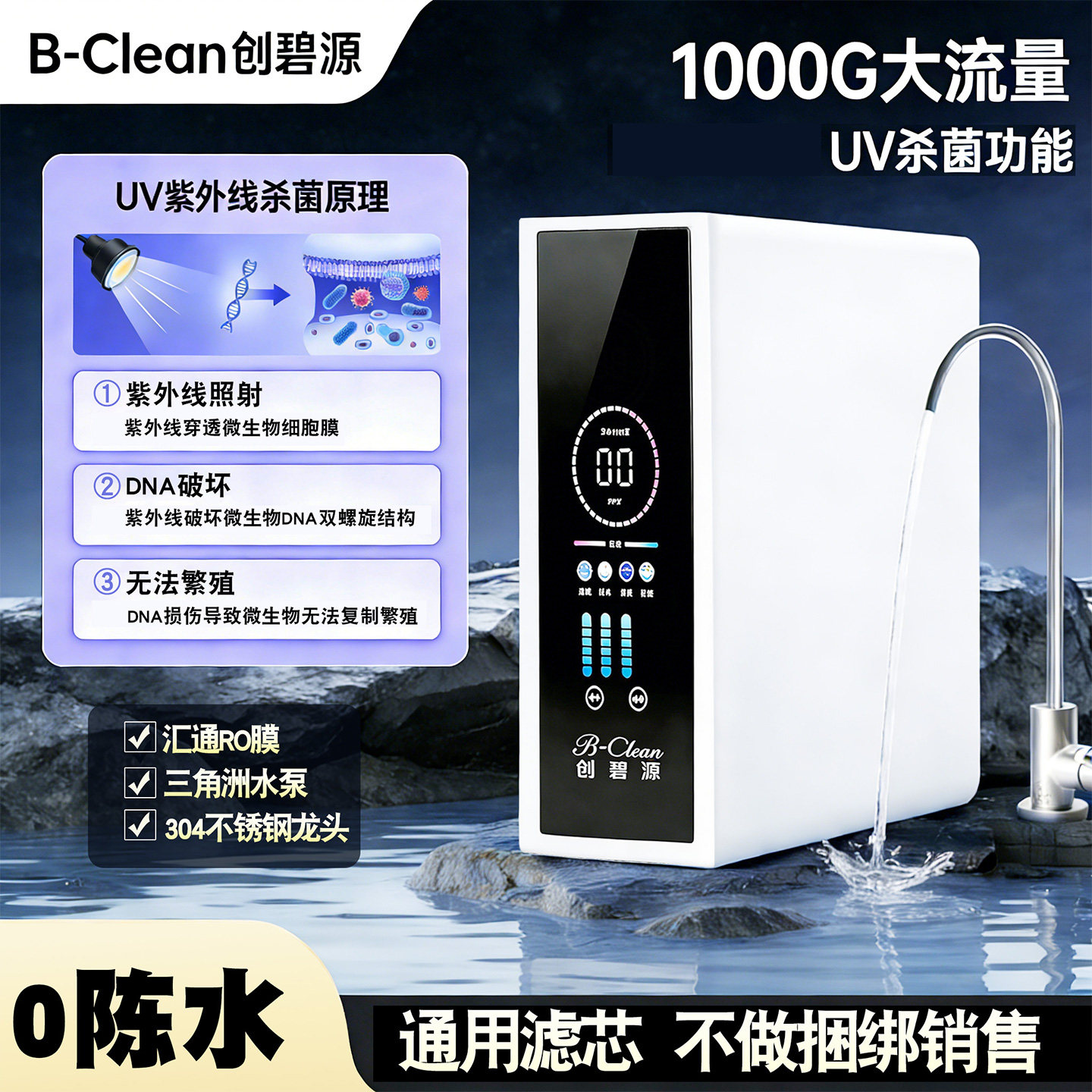 创碧源净水器家用ro反渗透UV杀菌0陈水diy直饮通用滤芯净水机