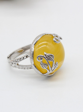 纯银包边蜜蜡正圆戒指空托