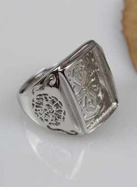 纯银六字真言方形戒指空托