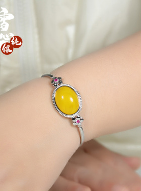 纯银镶嵌蜜蜡琥珀手环