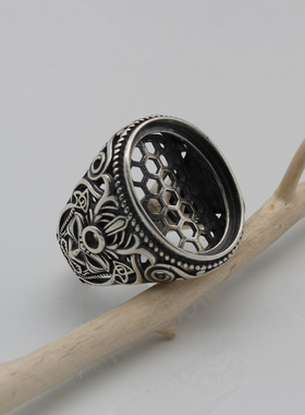 纯银人面网底复古做旧风戒指托