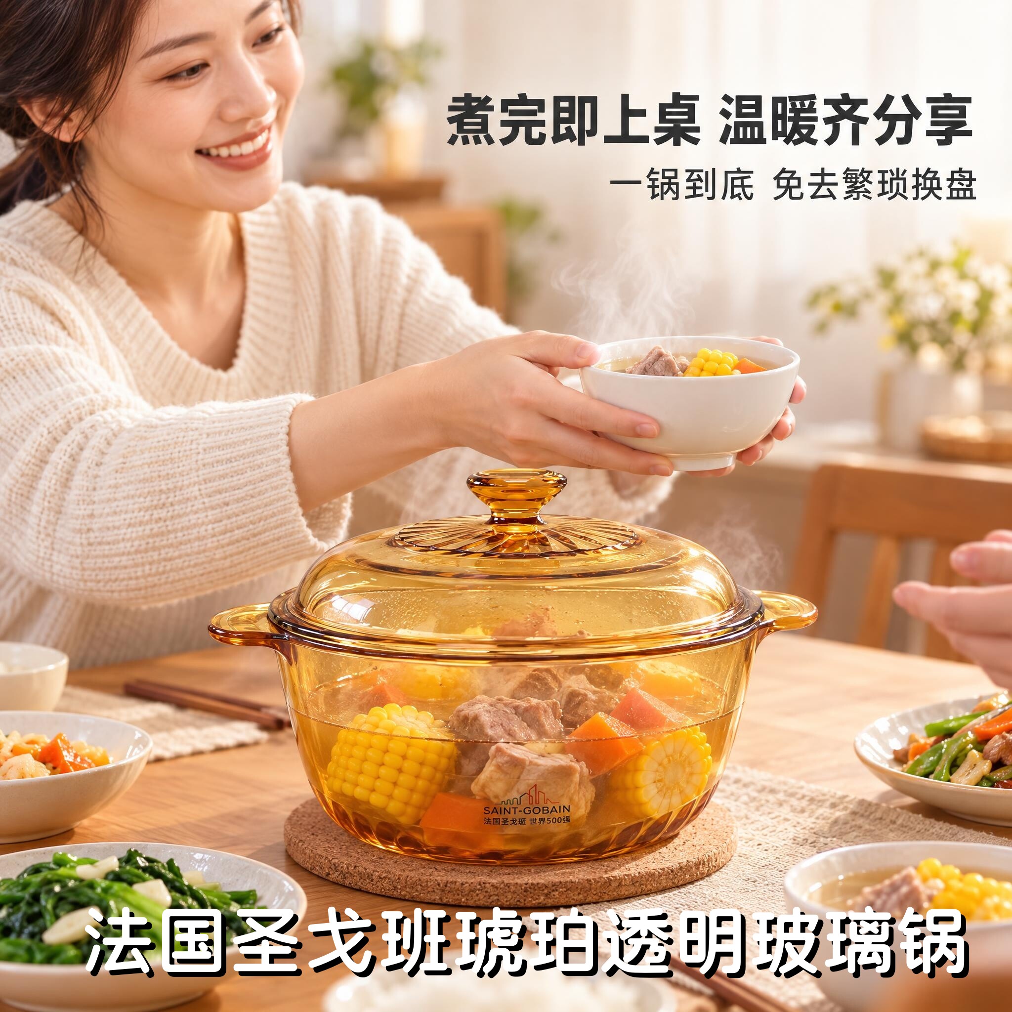 法国圣戈班玻璃锅可明火直烧透明锅双耳炖煮煲汤锅耐热家用食品级