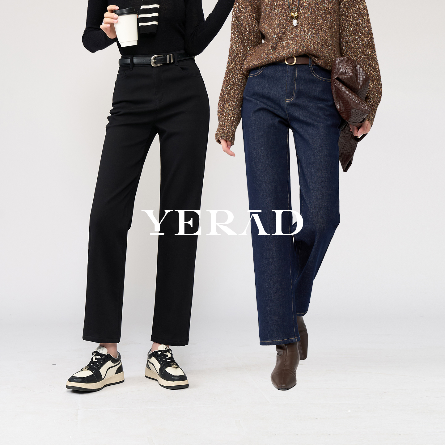 娅丽达加厚加绒直筒牛仔裤女冬