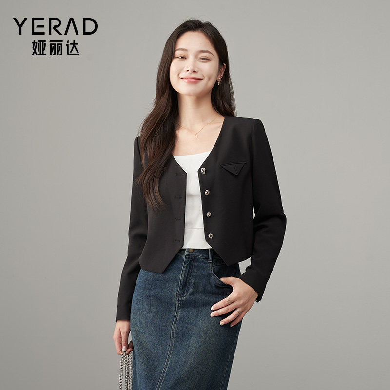 娅丽达高级感气质v领黑色西装外套女2024新款小个子休闲秋季西服