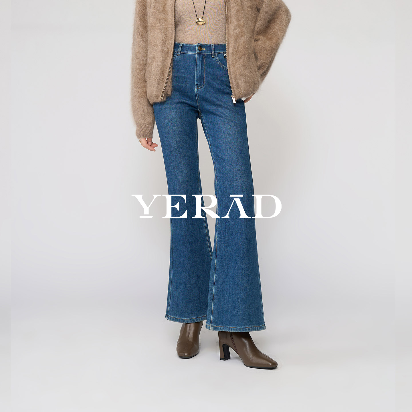 娅丽达弹力加绒微喇牛仔裤女冬